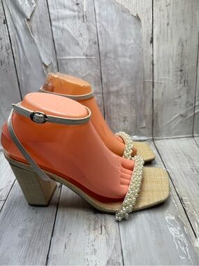 Pearl-Embellished Straw Block Heel Sandals - Beige